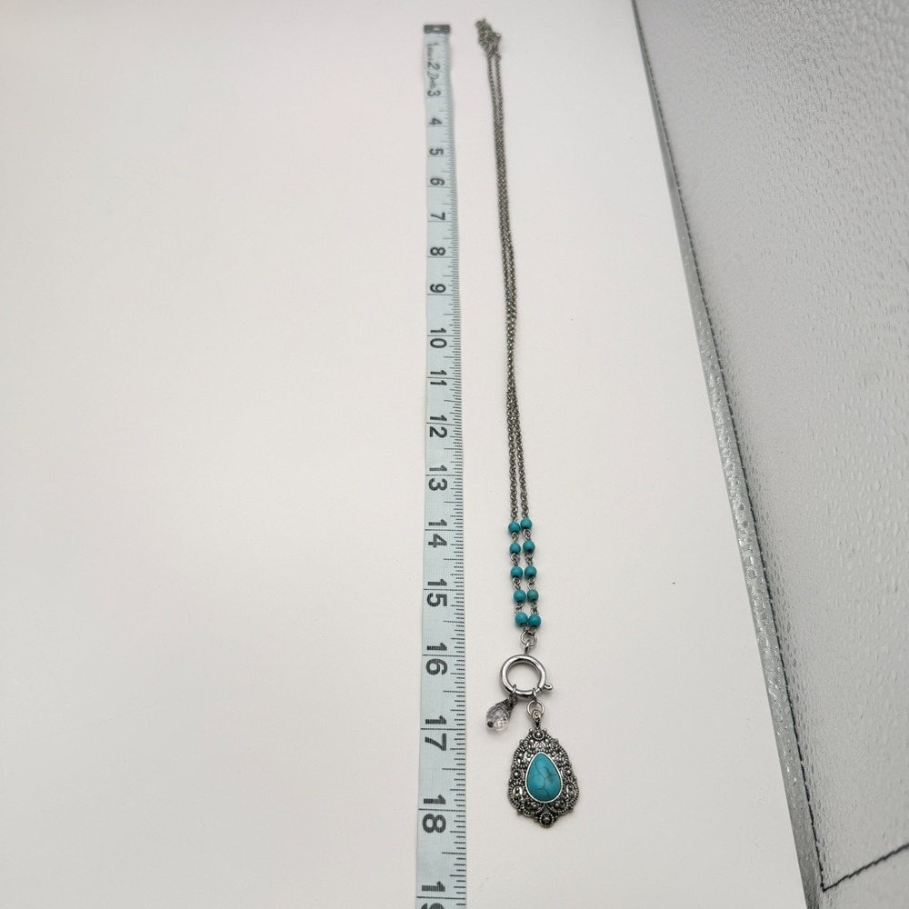 Vintage 90s Silver Tone Turquoise Beaded Teardrop Pendant Necklace Boho Jewelry - Picture 11 of 11